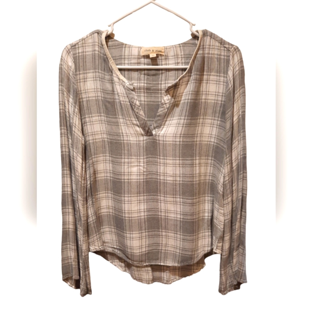 Cloth & Stone For Anthropology Gray Plaid Flannel Long Sleeve Blouse size XS